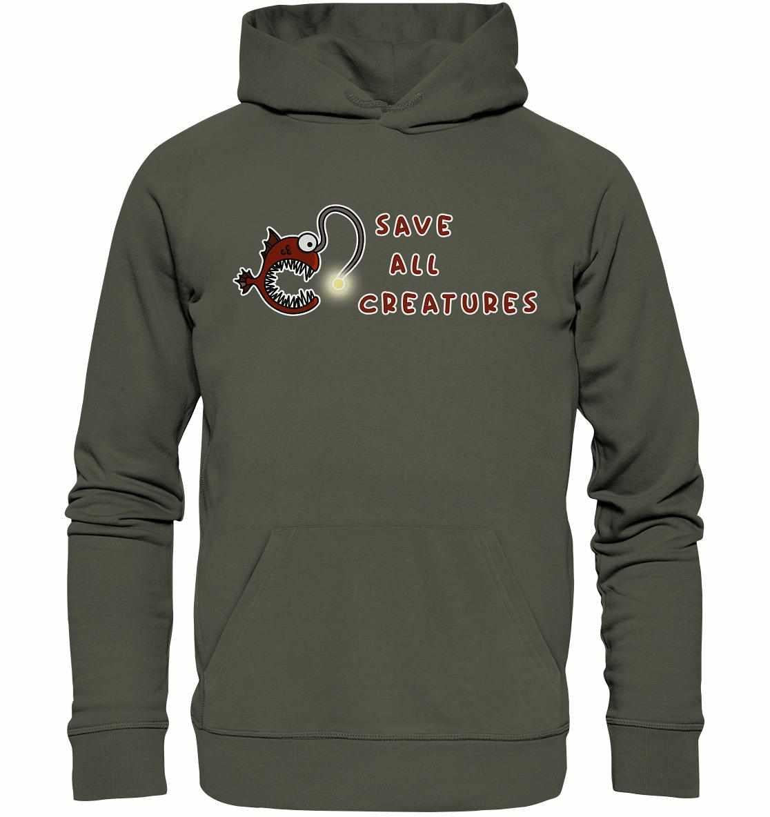 Vegan und Bio Hoodie: Weird Frogfish mit Cartoon-Anglerfisch und Text, aus nachhaltiger Bio-Baumwolle und Recyclingmaterialien, normaler Schnitt, Kängurutasche, ideal für Naturschutzliebhaber.