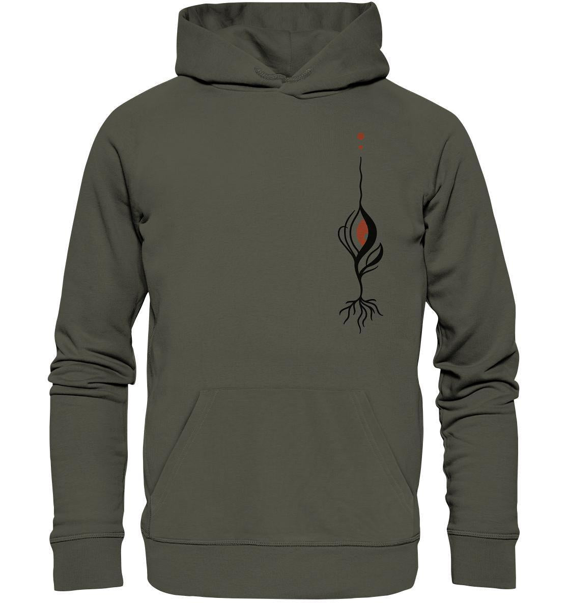 Veganer, biologischer und recycelter Hoodie: Minimalistisches blutiges Auge - Pflanze, mit schwarzem und rotem Design, symbolisiert Naturschutz und nachhaltige Mode.