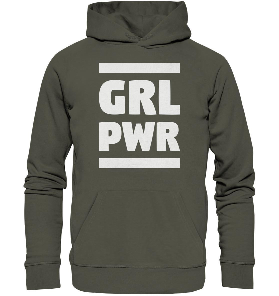 Grauer Hoodie mit weißem Text: Vegan und Bio Hoodie: GIRL POWER mit feministischer Botschaft, normaler Passform, Kängurutasche, Bio-Baumwolle und recyceltem Polyester.