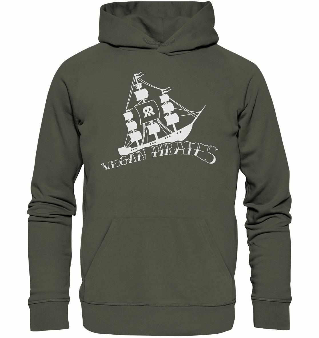 Vegan und Bio Hoodie: Vegan Pirates mit Piratenschiff-Design, aus Bio-Baumwolle und Recyclingmaterialien, repräsentiert nachhaltige und rebellische Mode von RUDE REBEL.