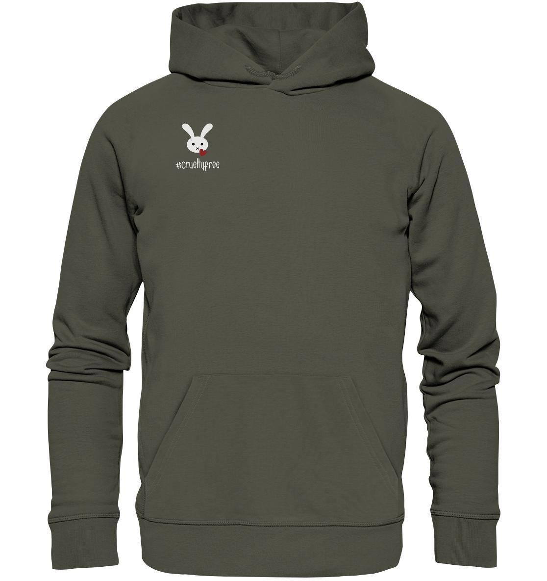 Vegan und Bio Hoodie: Crueltyfree Bunny mit weißem Kaninchen-Design, aus Bio-Baumwolle und recyceltem Polyester, symbolisiert vegane Bewegung und Tierschutz.