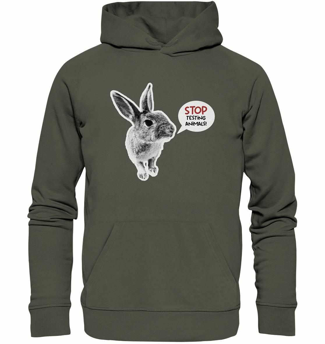 Vegan und Bio Hoodie mit süßem Häschen und „STOP ANIMAL TESTING!“-Aufdruck, umweltfreundlich aus Bio-Baumwolle und recyceltem Material hergestellt, normaler Schnitt, Kapuze.