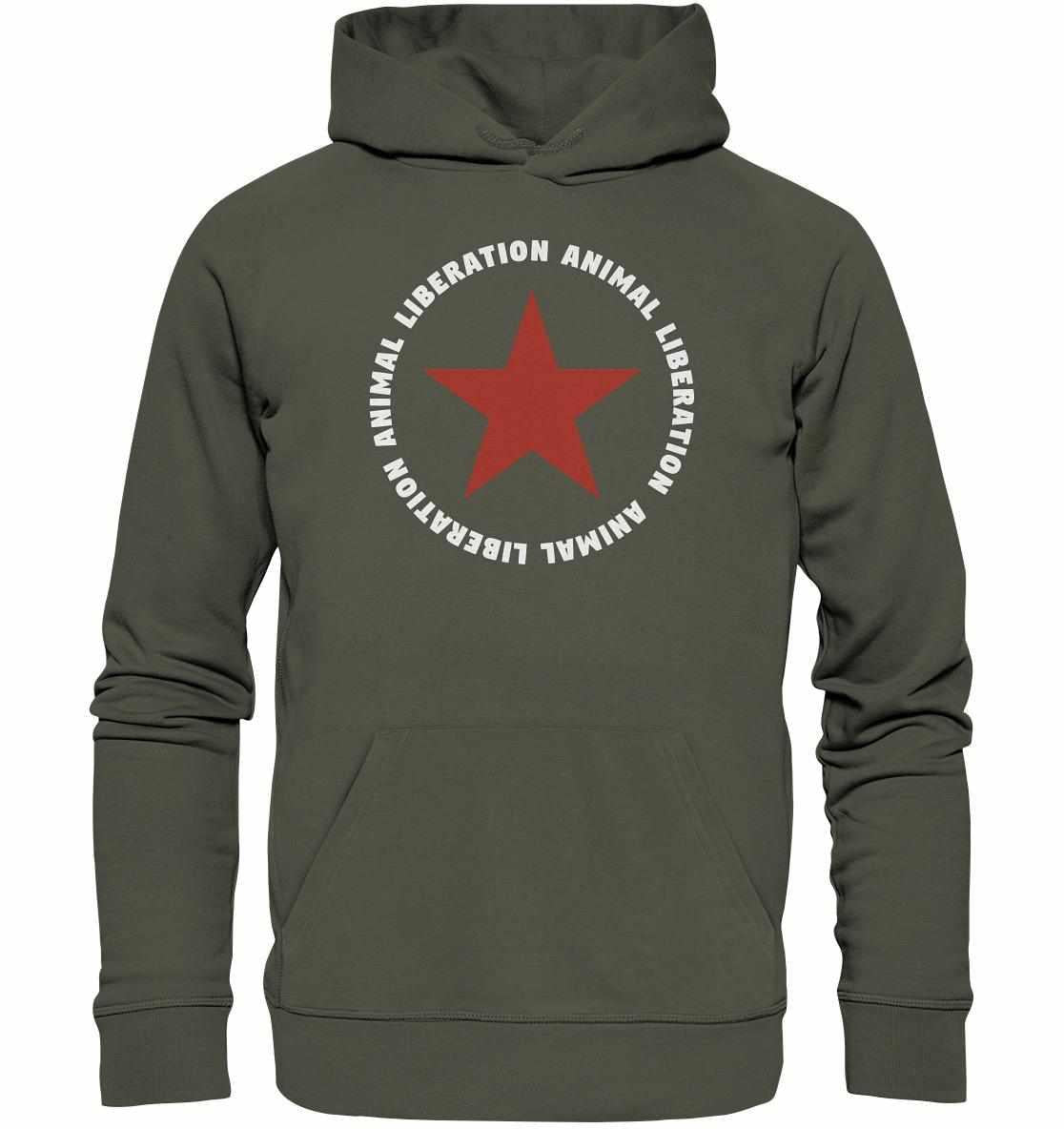 Vegan und Bio Hoodie: Red Star und Animal Liberation, grau mit rotem Stern, aus Bio-Baumwolle und Recyclingmaterialien, rebellisches Design von RUDE REBEL.
