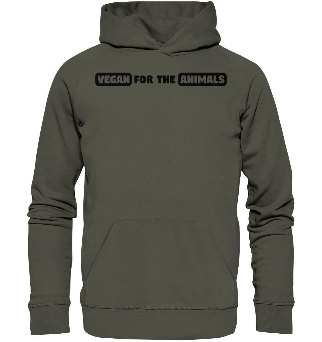 Vegan und Bio Hoodie: VEGAN FOR THE ANIMALS Edition 2, grauer Hoodie mit schwarzem Text, aus Bio-Baumwolle und recyceltem Polyester, normaler Schnitt, Kängurutasche.