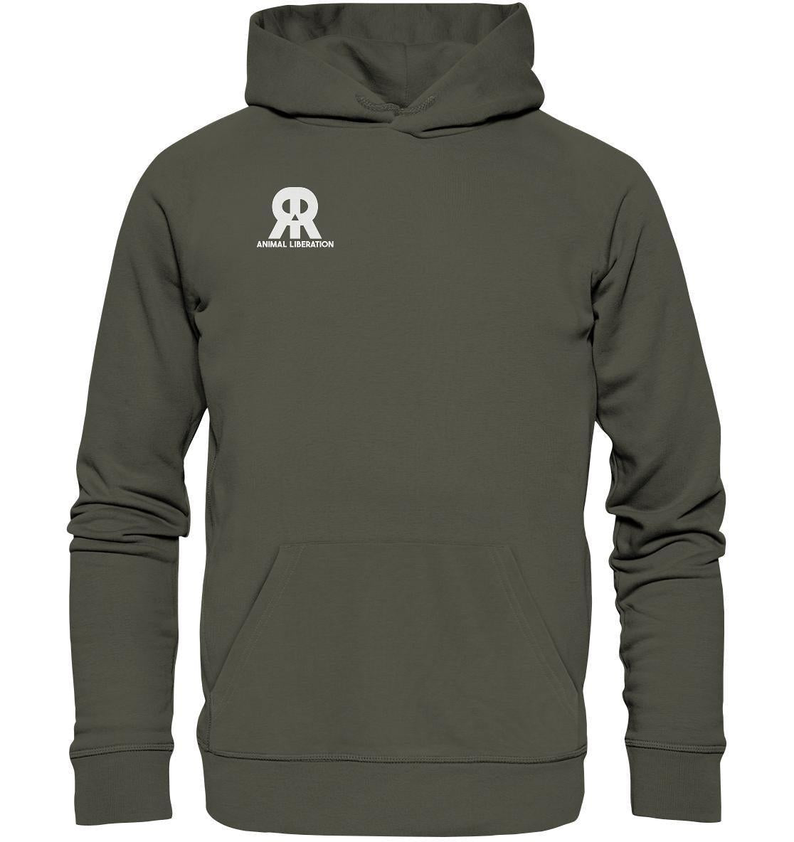 Vegan und Bio Hoodie: RUDE REBEL Skull - Animal Liberation, getragen von einer Person, zeigt ein Totenkopf-Logo. Hergestellt aus biologischer Baumwolle und recyceltem Polyester.
