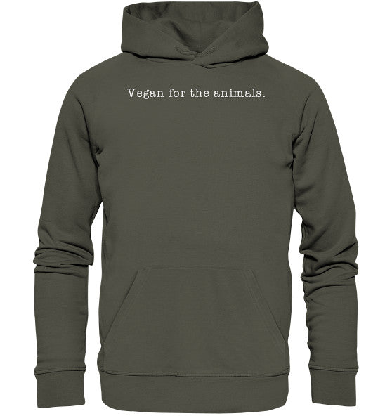 Minimalism Design - Vegan for the animals. - Organic Basic Hoodie: Grauer Hoodie mit weißem Text, getragen von einer Person. Nachhaltig aus Bio-Baumwolle und recyceltem Polyester.