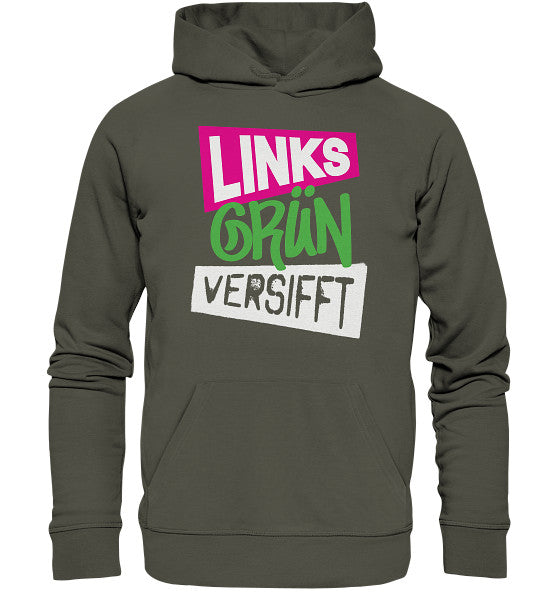 Vegan und Bio Hoodie: Wir sind Links Grün versifft! Grauer Hoodie mit weißem und pinkem Text, ausgestattet mit Kängurutasche und Kapuze, von RUDE REBEL.
