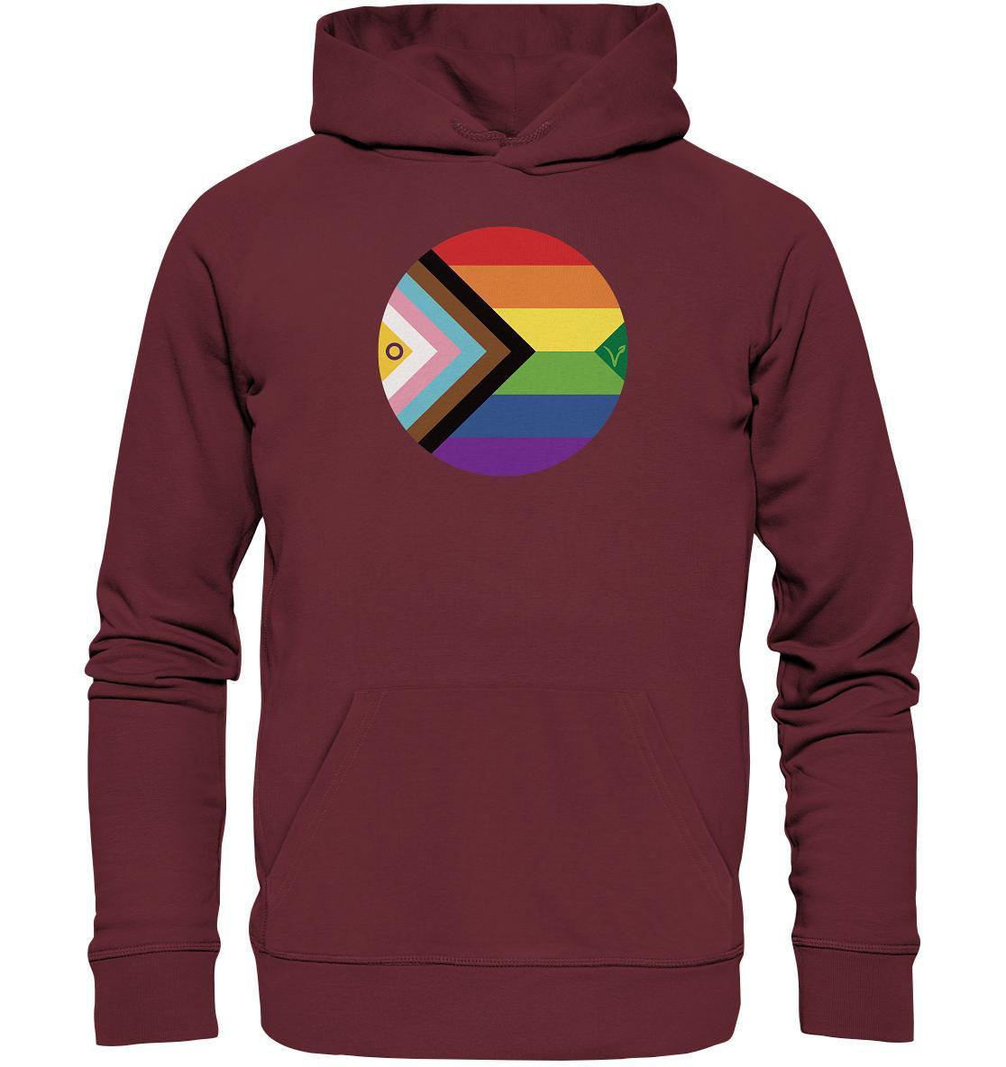 Vegan und Bio Hoodie: LGBTQAI+ Veganismus, marooner Hoodie mit Regenbogenlogo, aus nachhaltiger Bio-Baumwolle und recyceltem Polyester, feiert Liebe und Tierrechte.
