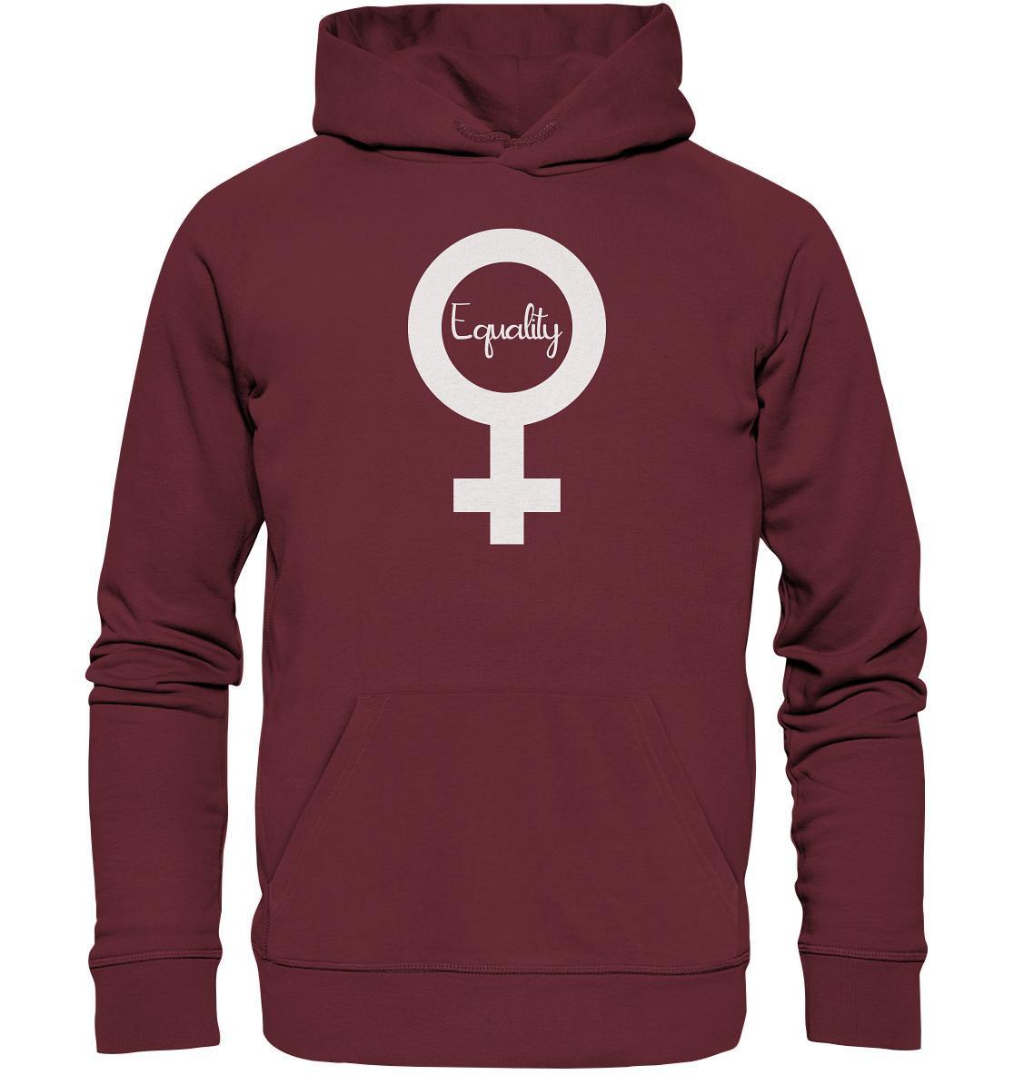 Vegan und Bio Hoodie: Feminismus - Der Kampf um Gleichberechtigung, roter Hoodie mit Gleichheitssymbol, aus Bio-Baumwolle und Recyclingmaterialien, symbolisiert weltweite Frauenrechte.