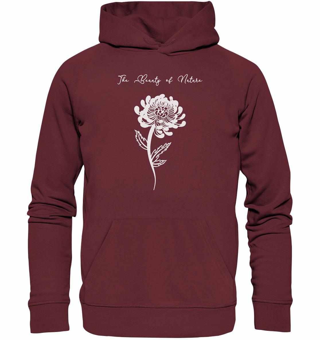Vegan und Bio Hoodie: Chrysantheme mit weißer Blume auf maroonem Stoff, nachhaltige Materialien, Kapuze, Kängurutasche, von RUDE REBEL, symbolisiert Naturschutz.