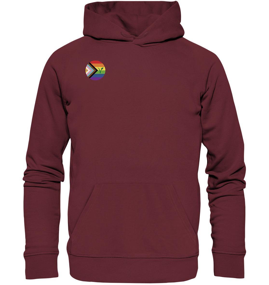 Vegan und Bio Hoodie: LGBTQIA+ VEGAN mit Regenbogen-Logo und veganem V, aus nachhaltiger Bio-Baumwolle und recyceltem Polyester, Kapuze unterlegt, normaler Schnitt.