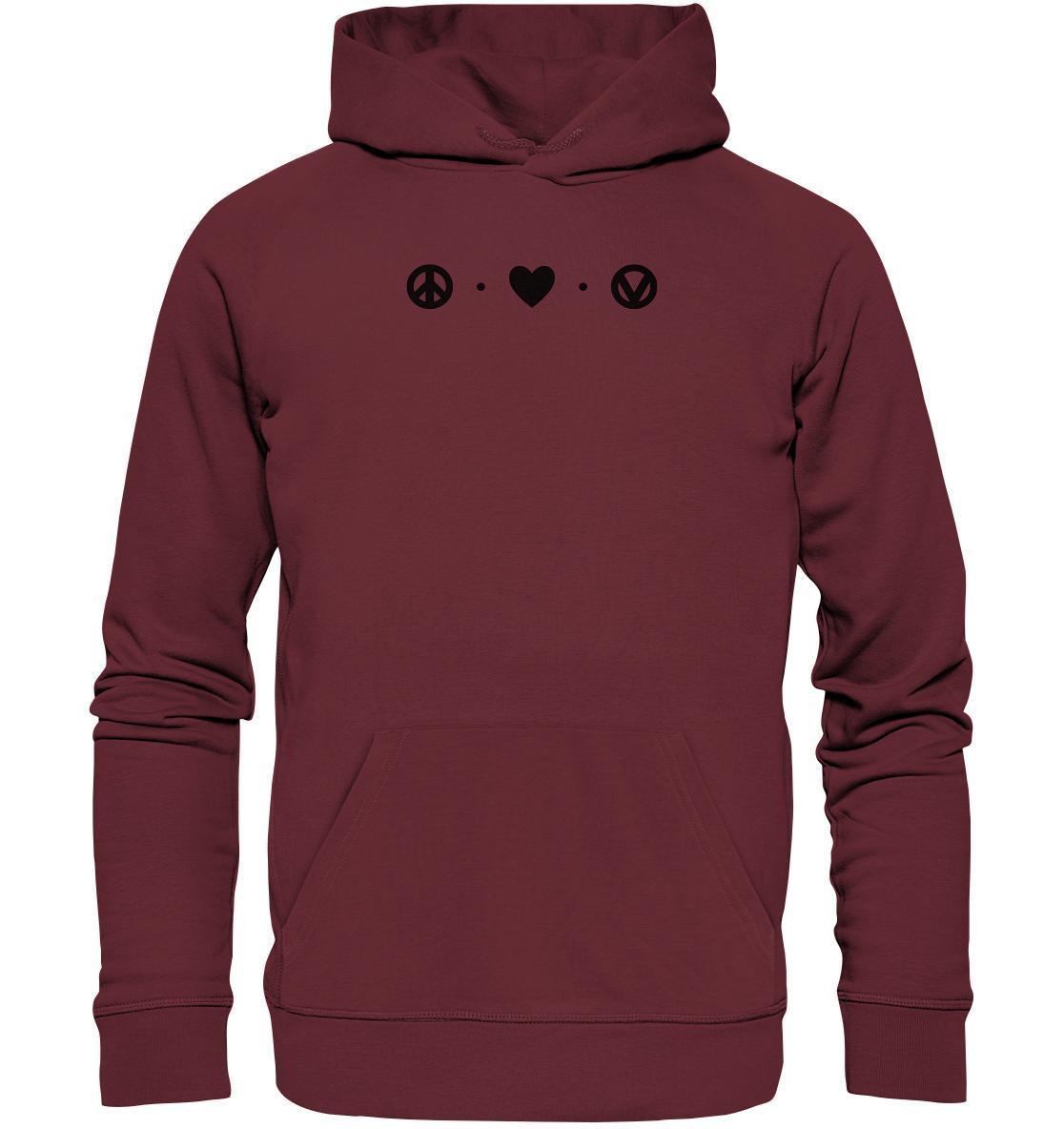 Vegan und Bio Hoodie: Peace - Love - Veganism, maroon mit Peace- und Herzsymbolen, aus Bio-Baumwolle und Recyclingmaterialien, symbolisiert Frieden und Liebe.