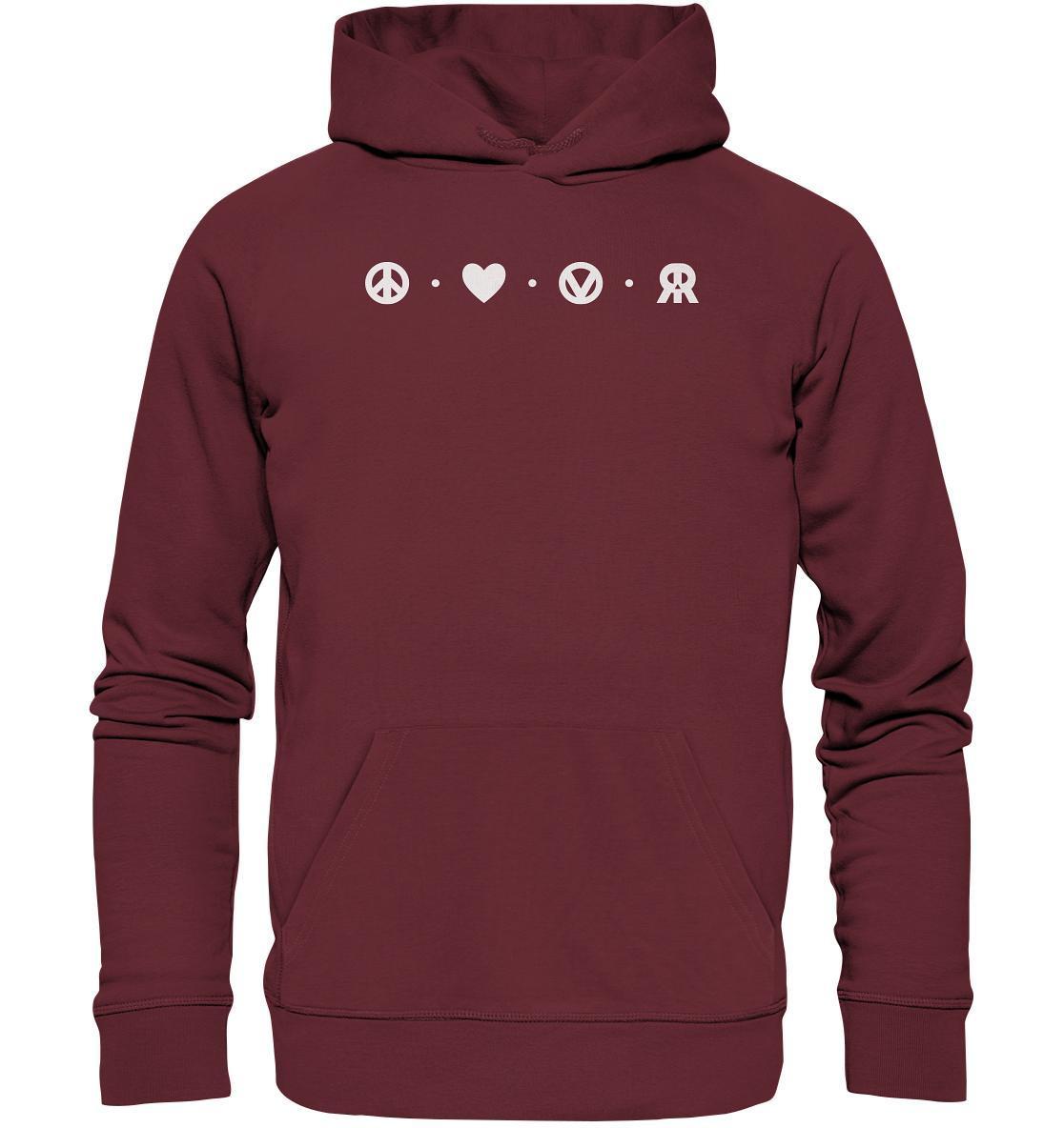 Vegan und Bio Hoodie: Peace - Love - Veganism - RUDE REBEL, maroon mit weißen Symbolen, aus Bio-Baumwolle und recyceltem Polyester, verkörpert Frieden und Rebellion.