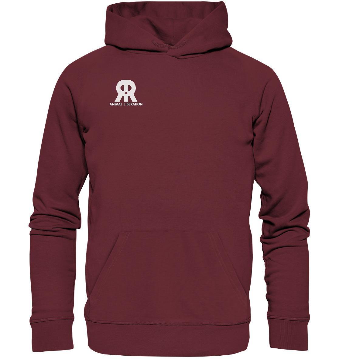 Vegan und Bio Hoodie: RUDE REBEL Skull - Animal Liberation, aus Bio-Baumwolle und recyceltem Polyester, mit Totenkopf-Logo, Kapuze und Kängurutasche.