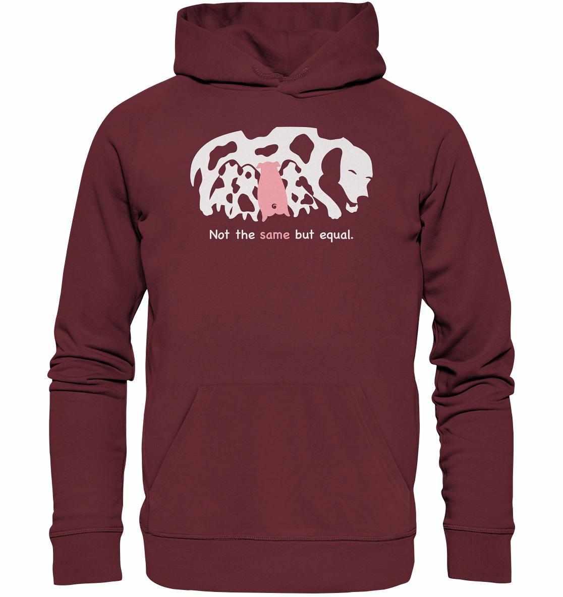 Vegan und Bio Hoodie: Animal equality mit Hund und Ferkel-Motiv, symbolisiert Tierliebe. Nachhaltig aus Bio-Baumwolle und Recyclingmaterialien produziert, normale Passform, Kängurutasche.