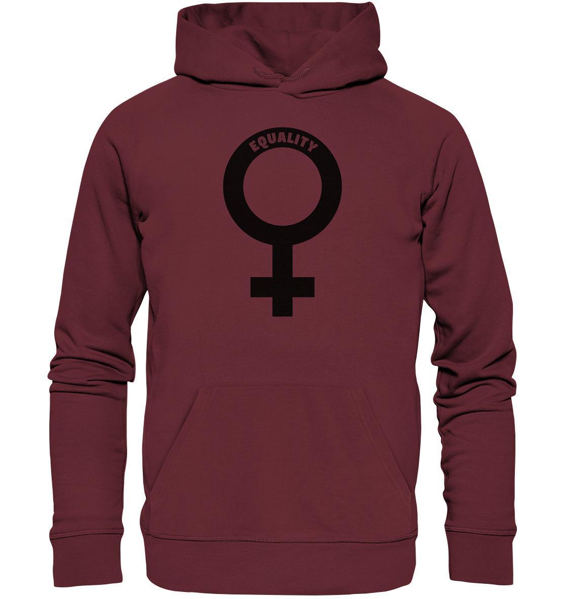 Vegan und Bio Hoodie mit Venussymbol, symbolisiert feministische Gleichberechtigung; aus Bio-Baumwolle und recyceltem Material, normaler Schnitt, Kapuze, Kängurutasche.