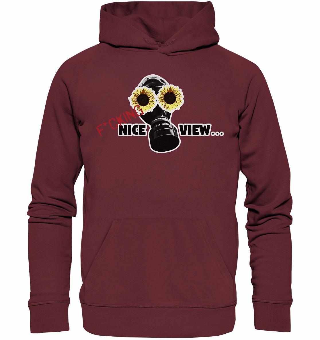 Vegan und Bio Hoodie: Sunflower Mask - F*cking nice view... mit Gasmaske und Sonnenblumen, aus nachhaltigen Materialien hergestellt, betont Umweltbewusstsein und rebellisches Design.