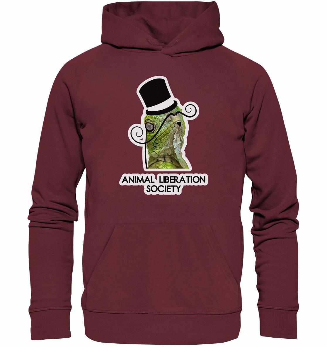 Vegan und Bio Hoodie: Sir Reptile - Animal Liberation Society, roter Hoodie mit Echse im Zylinder als Aufdruck, symbolisiert Tierrechte, hergestellt aus nachhaltigen Materialien.