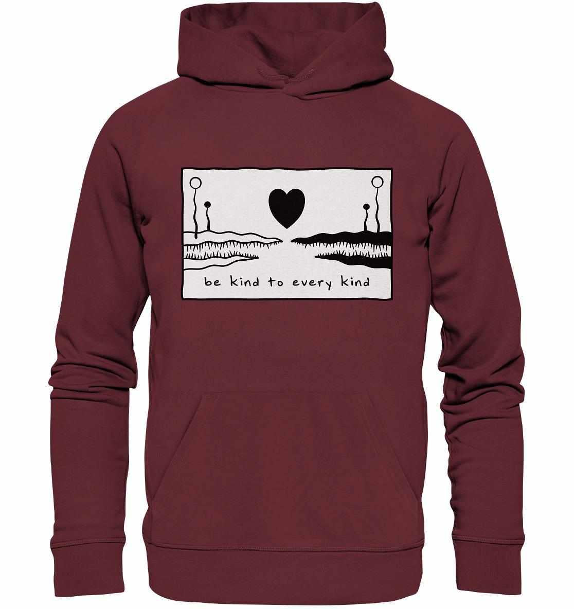 Vegan und Bio Hoodie: Be kind to every kind, roter Kapuzenpullover mit schwarzem und weißem Design aus Bio-Baumwolle, inspiriert von Liebe und Vielfalt.