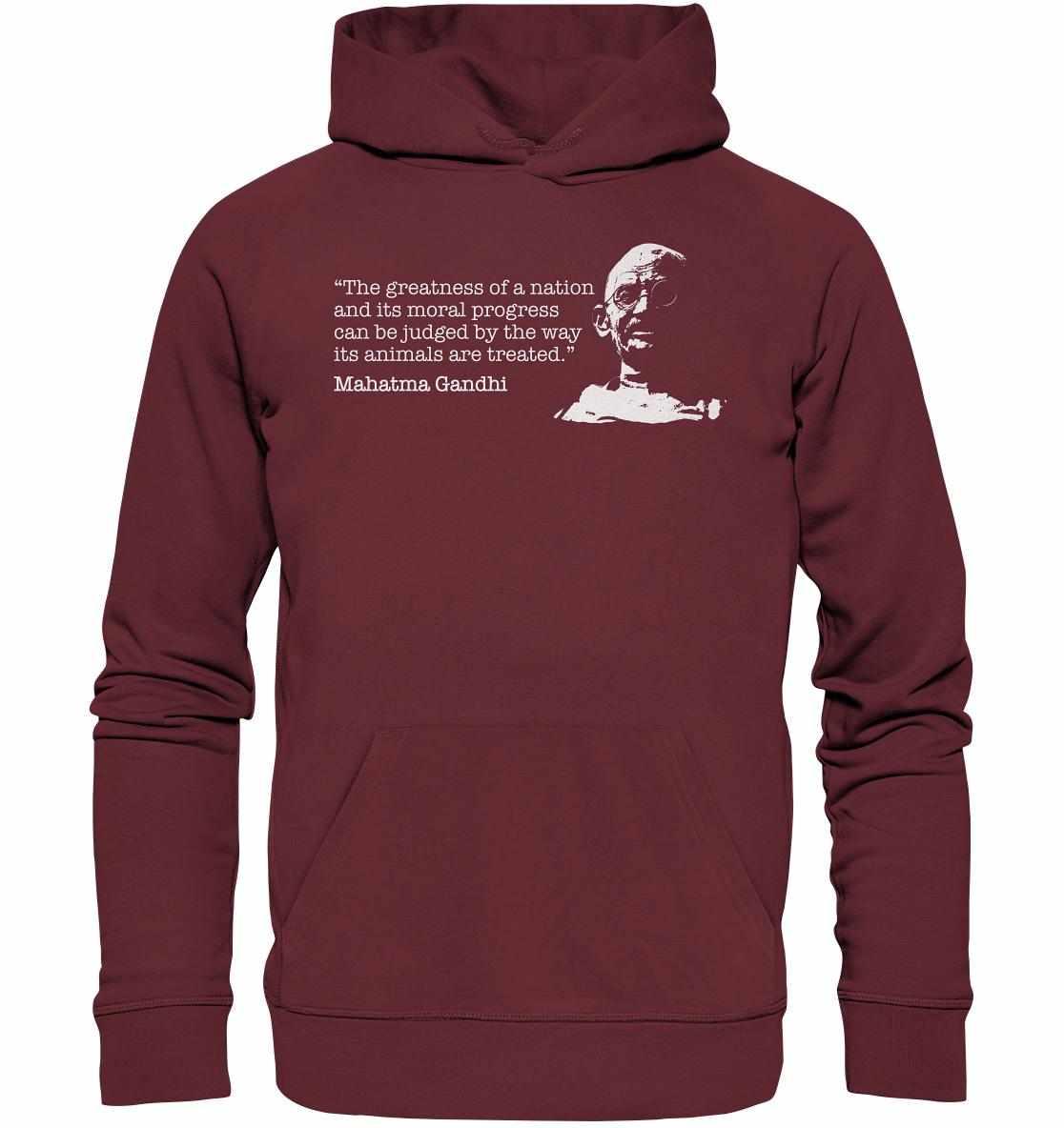 Vegan und Bio Hoodie: Mahatma Gandhi - Vegan Quote, maroon, mit weißem Zitat, aus Bio-Baumwolle und recyceltem Polyester, von RUDE REBEL.