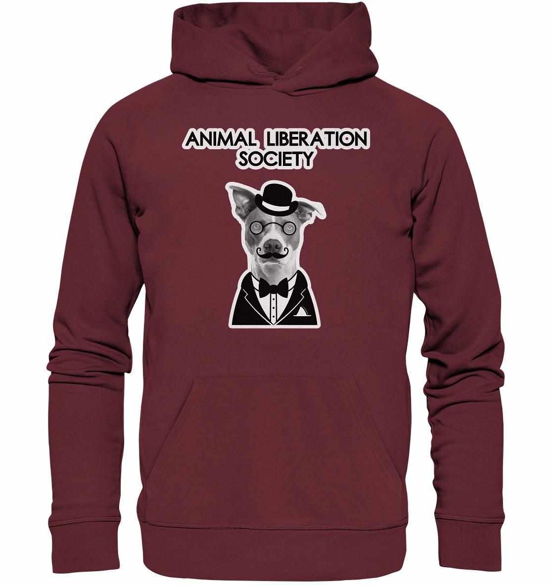 Vegan und Bio Hoodie: Mr. Dog - Animal Liberation Society mit Hundemotiv, Hut und Brille, aus nachhaltigen Materialien, inspiriert von Tierrechten und Naturschutz.