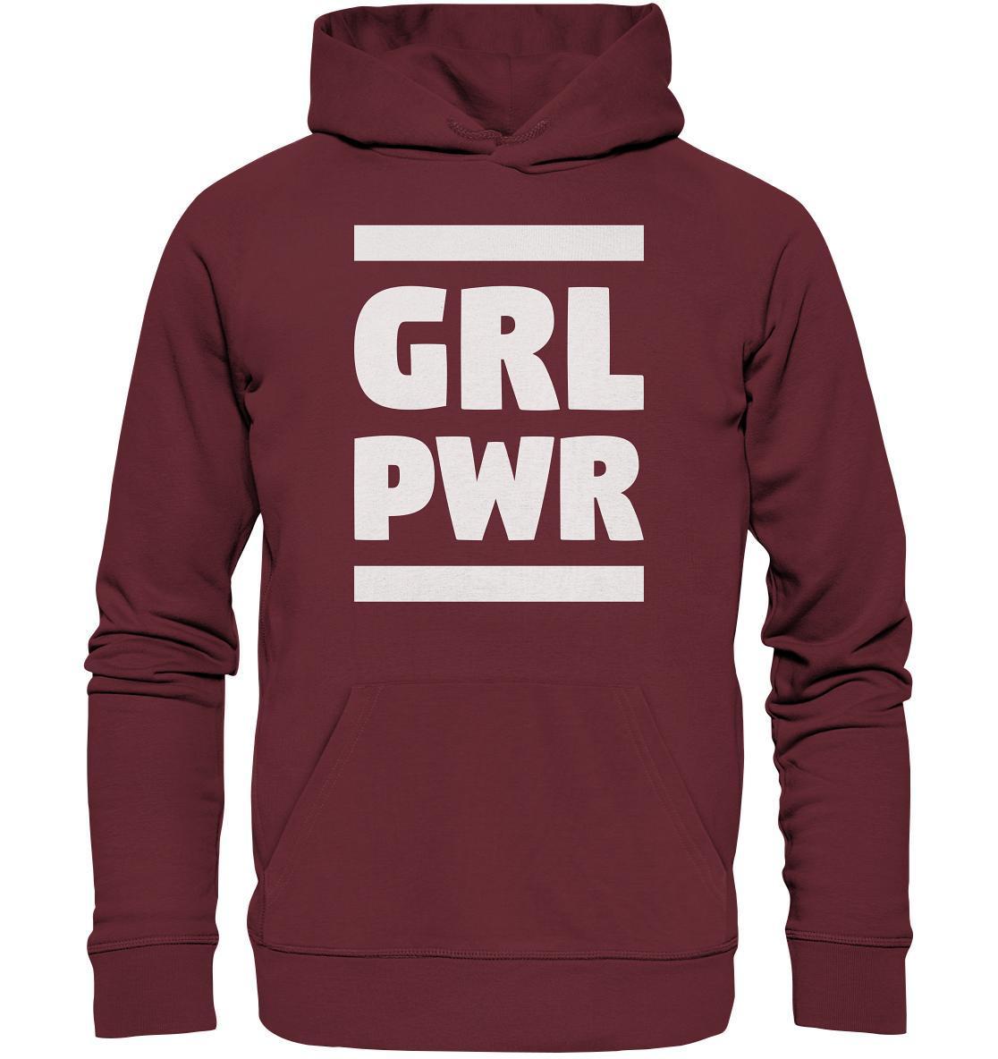Vegan und Bio Hoodie: GIRL POWER - Roter Hoodie mit feministischer Botschaft, weißem Text, Kängurutasche, Kapuze und Flatlock-Nähten, aus Bio-Baumwolle und recyceltem Polyester.