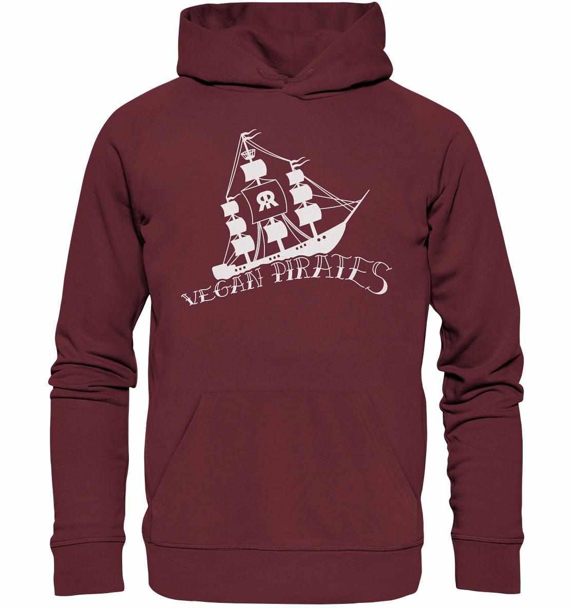 Vegan und Bio Hoodie 'Vegan Pirates' mit Piratenschiff-Motiv, aus nachhaltiger Bio-Baumwolle und recyceltem Polyester, mit Kängurutasche und Kapuze.