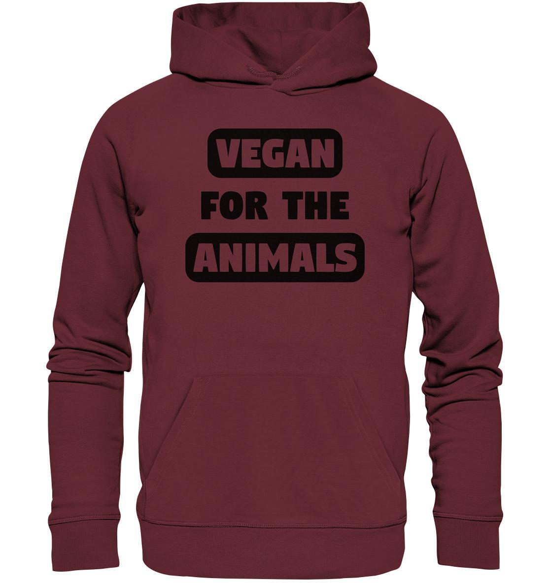 Vegan und Bio Hoodie: VEGAN FOR THE ANIMALS, roter Hoodie mit schwarzem Text, aus Bio-Baumwolle und recyceltem Polyester, verkörpert Tierrechtsbotschaft.