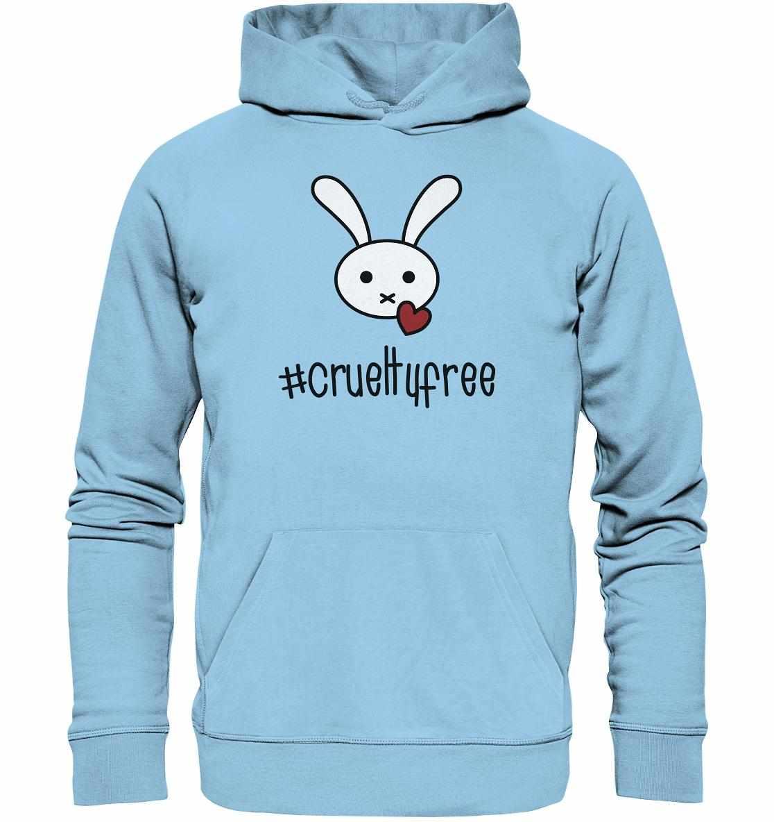 Vegan und Bio Hoodie: Crueltyfree Bunny BIG mit weißem Hasenmotiv und Herz, aus Bio-Baumwolle, symbolisiert Tierschutz und vegane Bewegung.