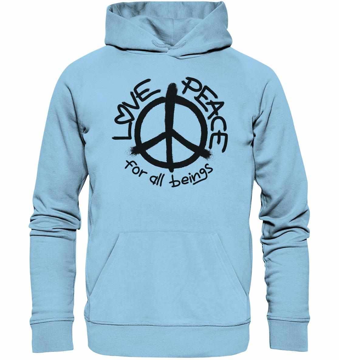 Vegan und Bio Hoodie: LOVE and PEACE for all beings, aus hellblauer Bio-Baumwolle mit Friedenssymbol, Kängurutasche und flachen Kordeln. Nachhaltig und umweltfreundlich.