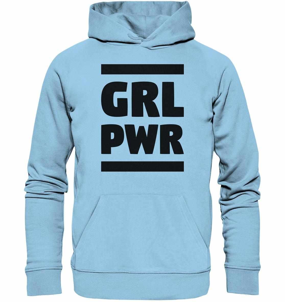 Vegan und Bio Hoodie: GIRL POWER - Feministisches Design auf hellblauem Hoodie mit schwarzem Text, Kängurutasche und Kapuze, hergestellt aus Bio-Baumwolle und recyceltem Polyester.