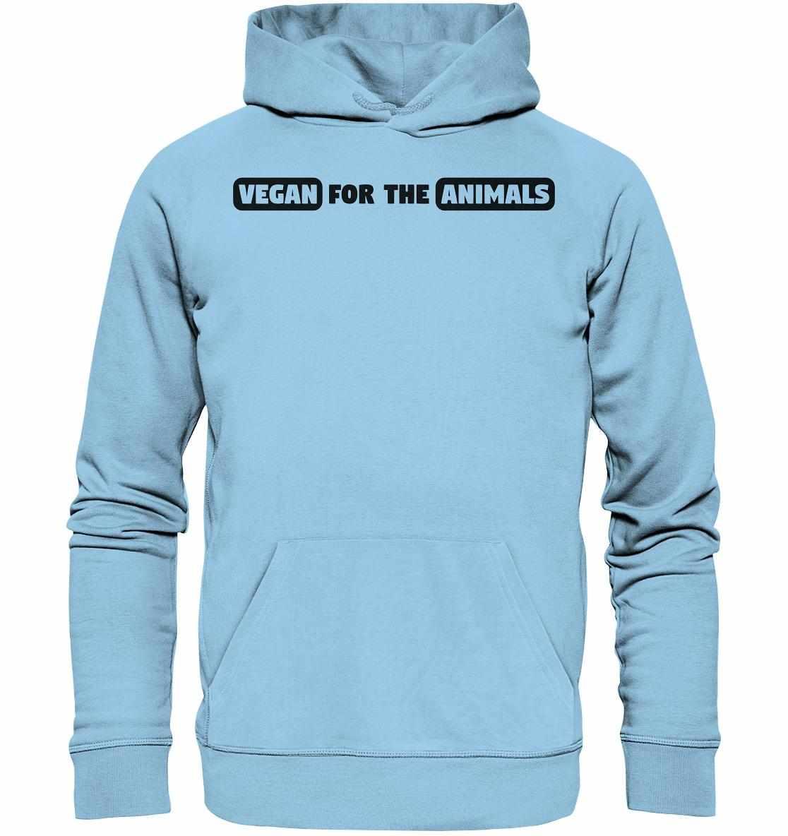 Vegan und Bio Hoodie: VEGAN FOR THE ANIMALS Edition 2, hellblauer Hoodie mit schwarzem Schriftzug, aus Bio-Baumwolle und Recyclingmaterialien, normaler Schnitt, Kängurutasche.