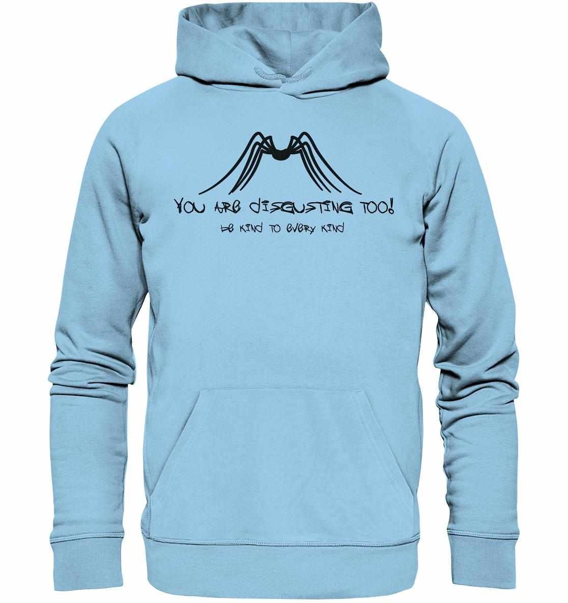 Vegan und Bio Hoodie: Protect Insects, zeigt schwarzen Text und Spinne auf hellblauem Stoff, um Tierrechte zu fördern. Kängurutasche und Kapuze inklusive.