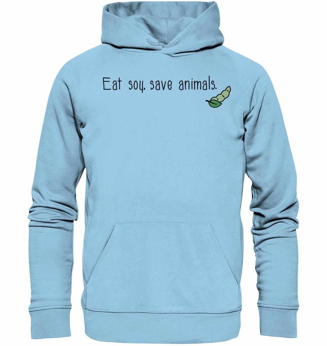 Vegan und Bio Hoodie: Veganism - Eat soy, save animals. mit grüner Raupe auf der Vorderseite, hergestellt aus Bio-Baumwolle und recycelten Materialien.