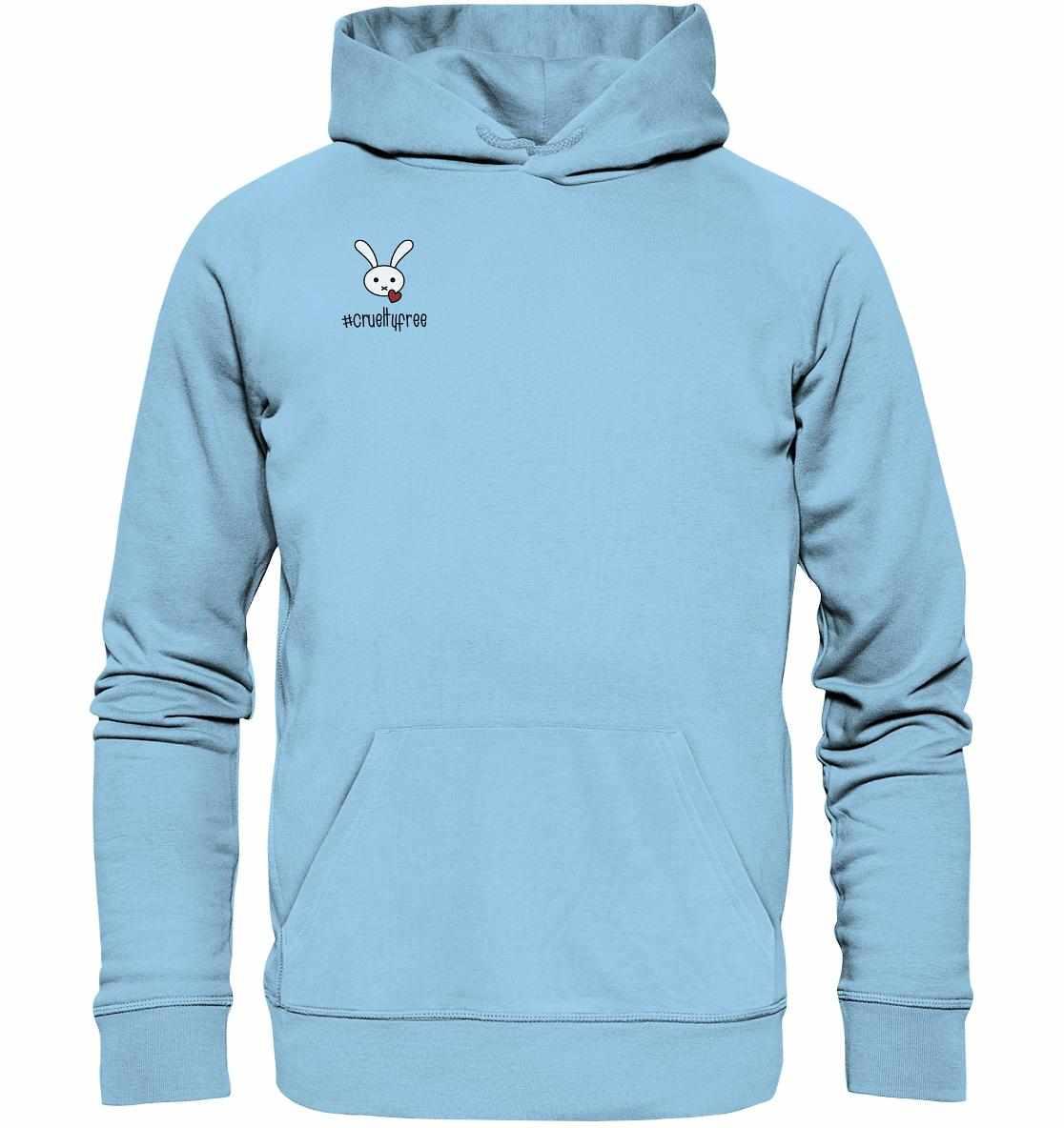Vegan und Bio Hoodie: Crueltyfree Bunny, hellblau mit Cartoon-Hase und Herz, Kängurutasche, aus Bio-Baumwolle und recyceltem Polyester, Kapuze mit flachen Kordeln.
