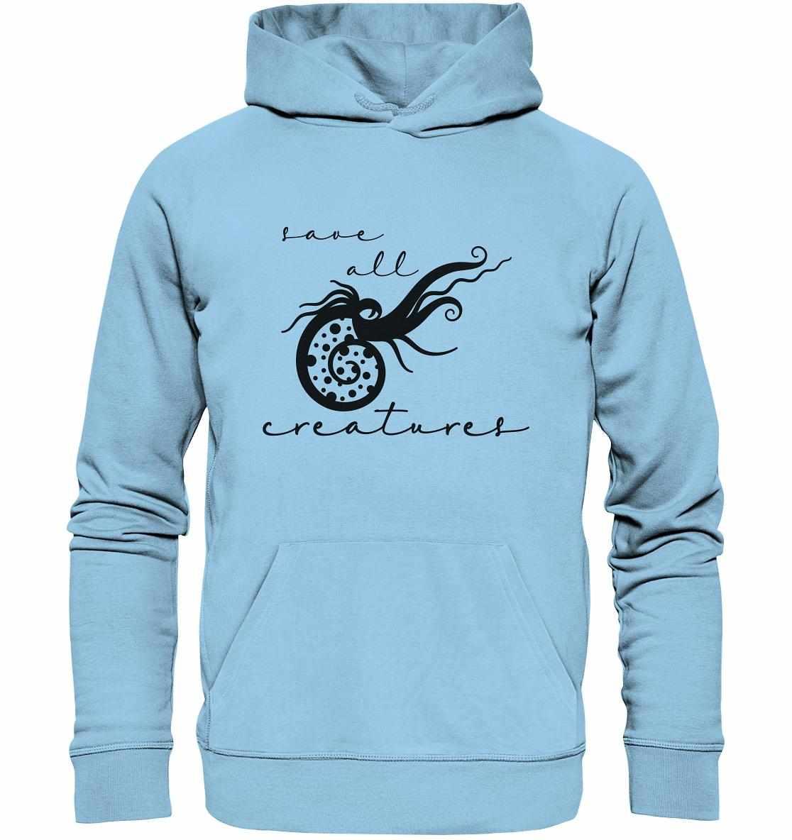 Vegan und Bio Hoodie: Save All Creatures, hellblau mit schwarzem Oktopus-Motiv, aus Bio-Baumwolle, normaler Schnitt, Kängurutasche, Kapuze mit Jersey-Futter.