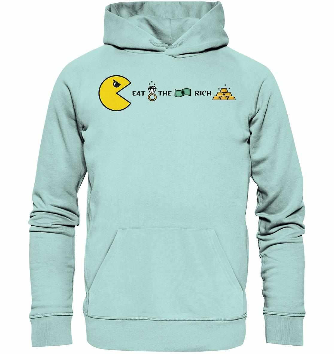 Person trägt Vegan und Bio Hoodie: PAC-MAN - Eat the rich, aus Bio-Baumwolle und Recyclingmaterialien, mit Kängurutasche und Flatlock-Steppnähten, von RUDE REBEL.