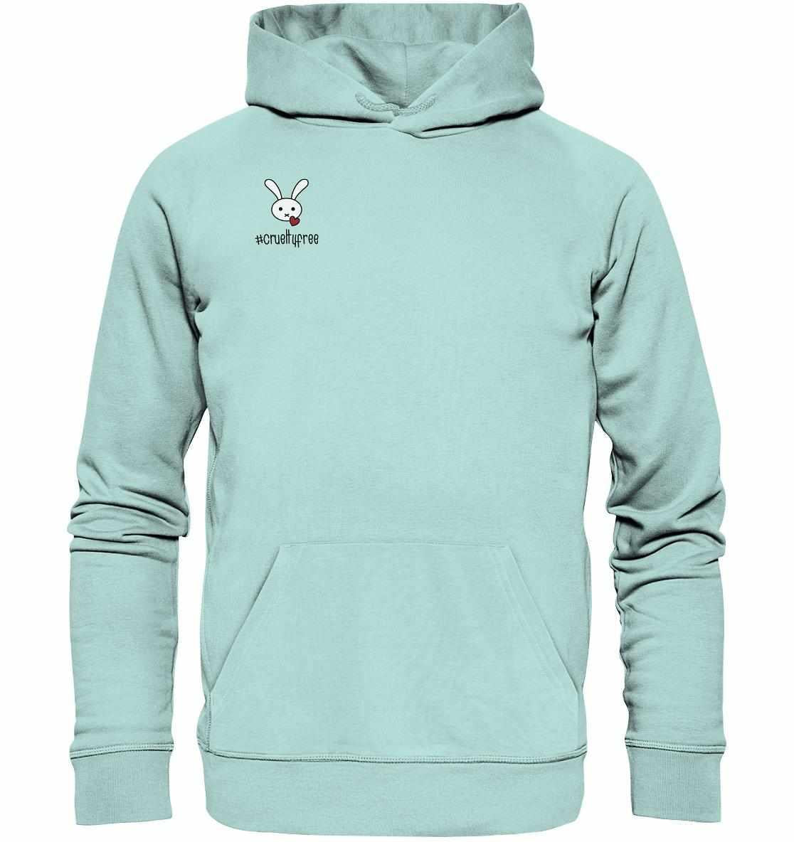 Vegan und Bio Hoodie: Crueltyfree Bunny mit Hasenmotiv und Kängurutasche, getragen von einer Person. Hergestellt aus Bio-Baumwolle und recyceltem Polyester.