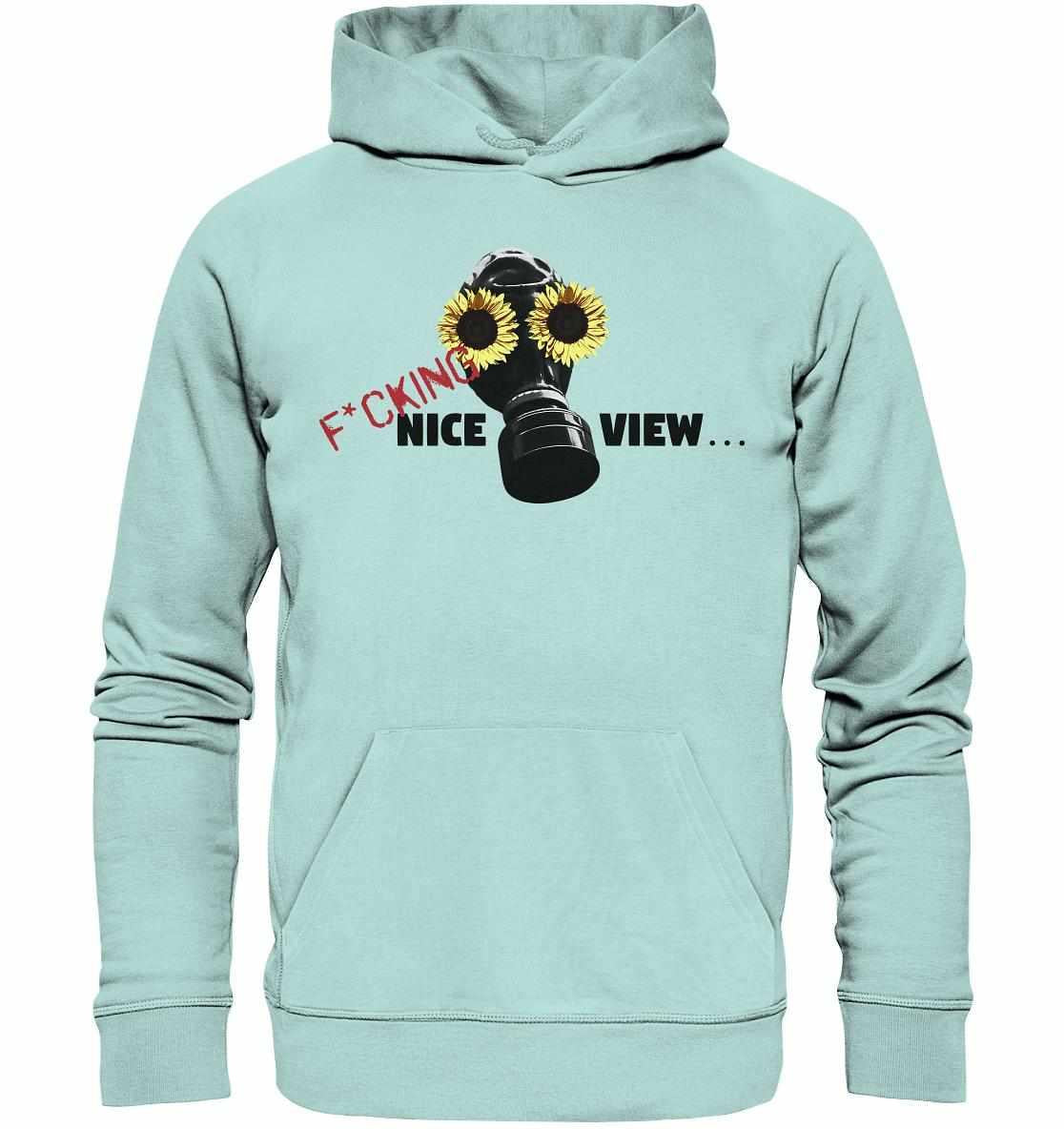 Vegan und Bio Hoodie: Sunflower Mask - F*cking nice view... zeigt eine Gasmaske mit Sonnenblumen, gefertigt aus nachhaltigen Materialien, symbolisiert umweltbewussten Lebensstil.