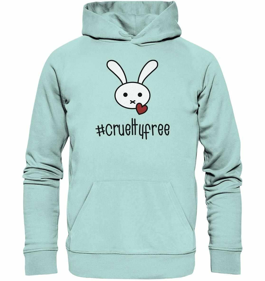 Vegan und Bio Hoodie: Crueltyfree Bunny BIG mit Cartoon-Hasenmotiv, aus nachhaltiger Bio-Baumwolle, getragen von einer Person, symbolisiert vegane Bewegung gegen Tierversuche.