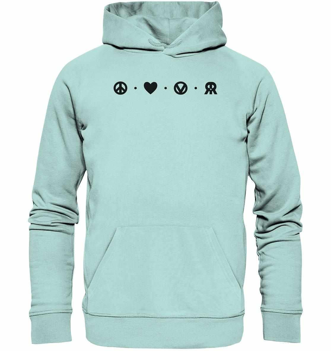 Vegan und Bio Hoodie: Peace - Love - Veganism - RUDE REBEL mit schwarzen Symbolen auf hellblauem Stoff, nachhaltig aus Bio-Baumwolle und recyceltem Material gefertigt.