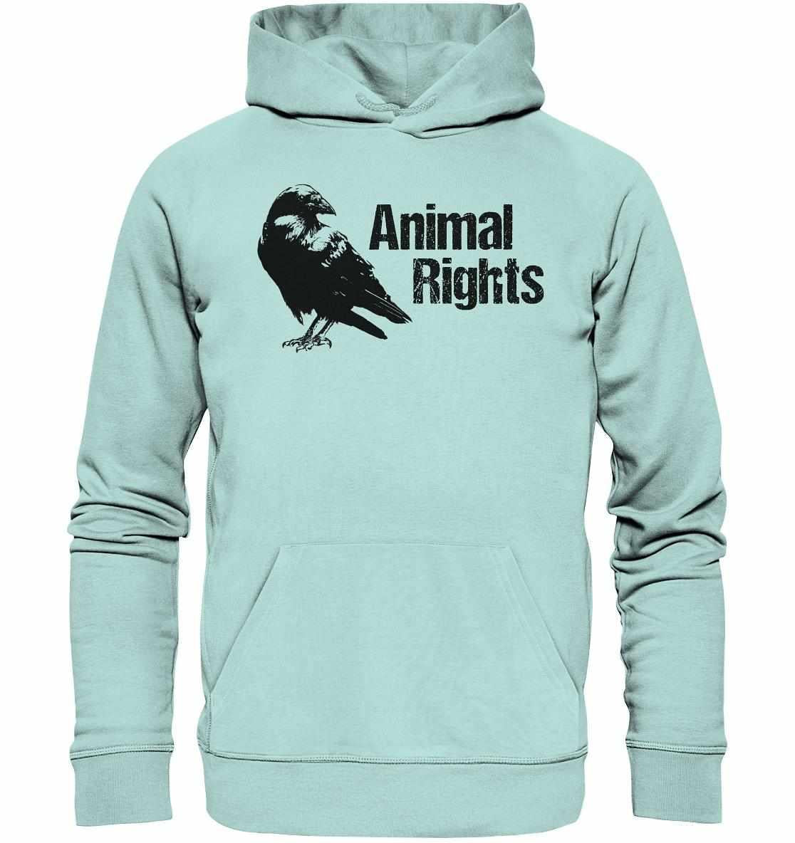 Vegan und Bio Hoodie: Raven - Animal Rights, ein hellblauer Hoodie mit schwarzem Vogelmotiv, aus nachhaltiger Bio-Baumwolle und recyceltem Polyester, normaler Schnitt, Kapuze.