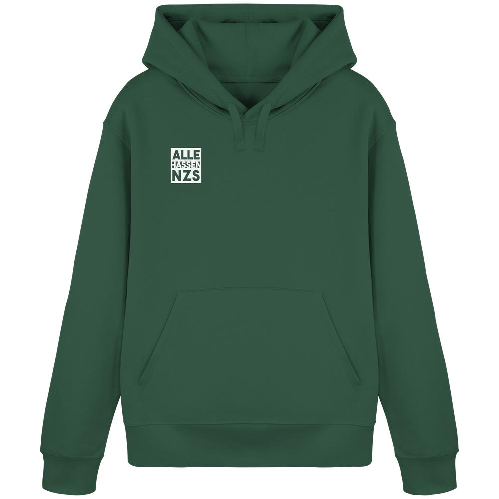 Vegan und Bio Hoodie: ALLE HASSEN NZS! mit Kängurutasche, Kapuze und weißem Brustprint, aus Bio-Baumwolle und recyceltem Polyester, verkörpert RUDE REBELs rebellischen, nachhaltigen Stil.