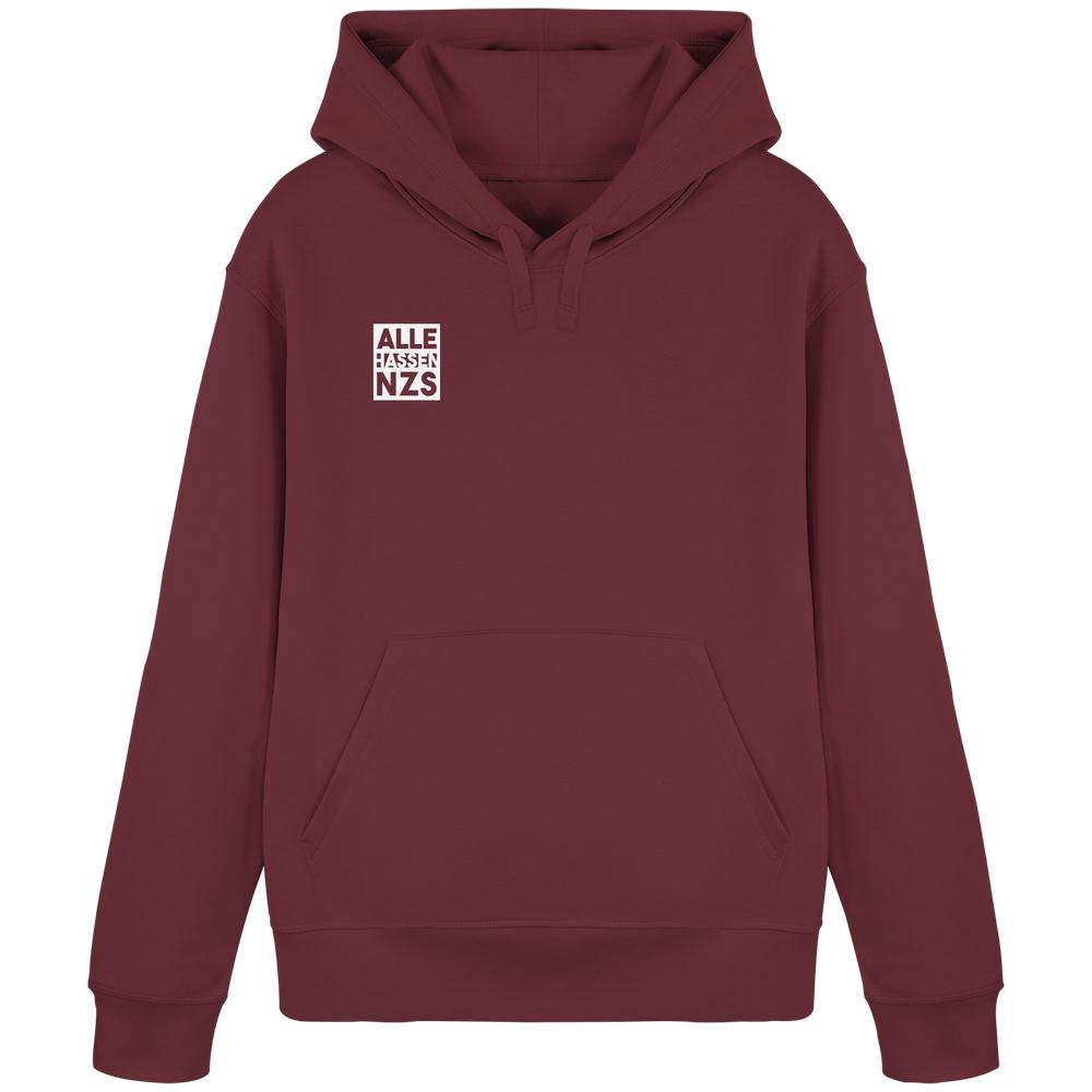 Burgunderfarbenes Hoodie Vegan und Bio Hoodie: ALLE HASSEN NZS! mit Kapuze, Kängurutasche, weißem Grafik-Text auf der Brust, hergestellt aus Bio-Baumwolle und recyceltem Polyester.