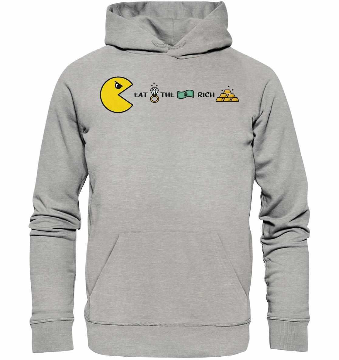 Grauer Hoodie mit gelbem PAC-MAN-Design und Goldbarren, vegan und umweltfreundlich aus Bio-Baumwolle und recycelten Materialien, normale Passform.