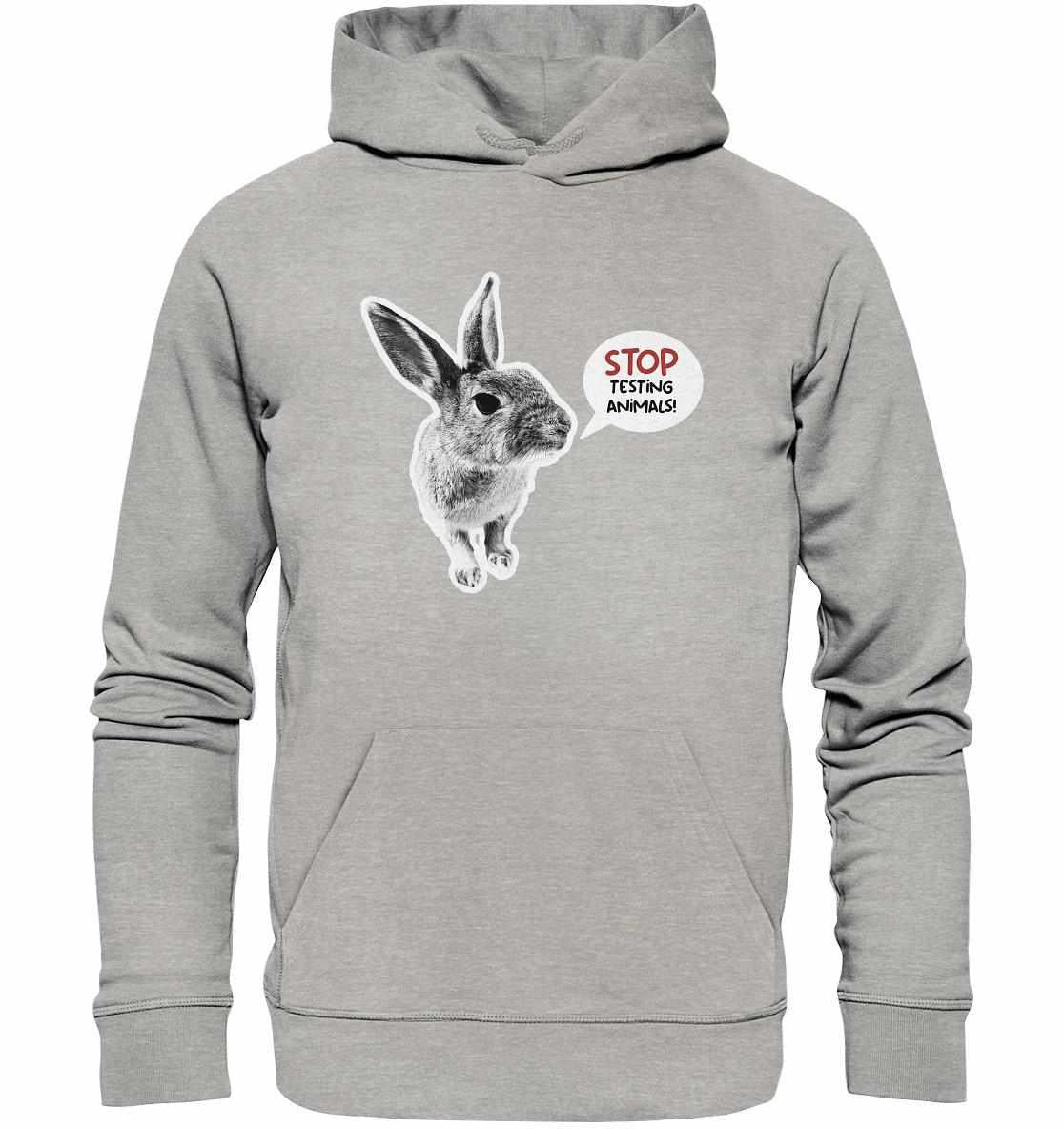 Vegan und Bio Hoodie mit Häschen-Motiv und Stop Animal Testing!-Aufdruck, aus nachhaltigen Materialien, repräsentiert Tierschutz und vegane Statements.