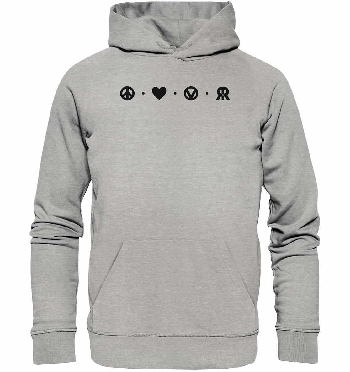Vegan und Bio Hoodie: Peace - Love - Veganism - RUDE REBEL, grauer Hoodie mit schwarzen Symbolen, nachhaltig hergestellt aus Bio-Baumwolle und recyceltem Polyester.