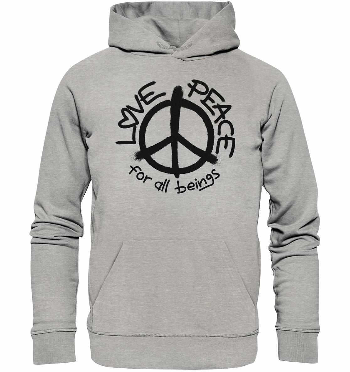 Vegan und Bio Hoodie: LOVE and PEACE for all beings, grauer Kapuzenpullover mit Friedenssymbol, aus Bio-Baumwolle und recyceltem Polyester, nachhaltiges Design von RUDE REBEL.