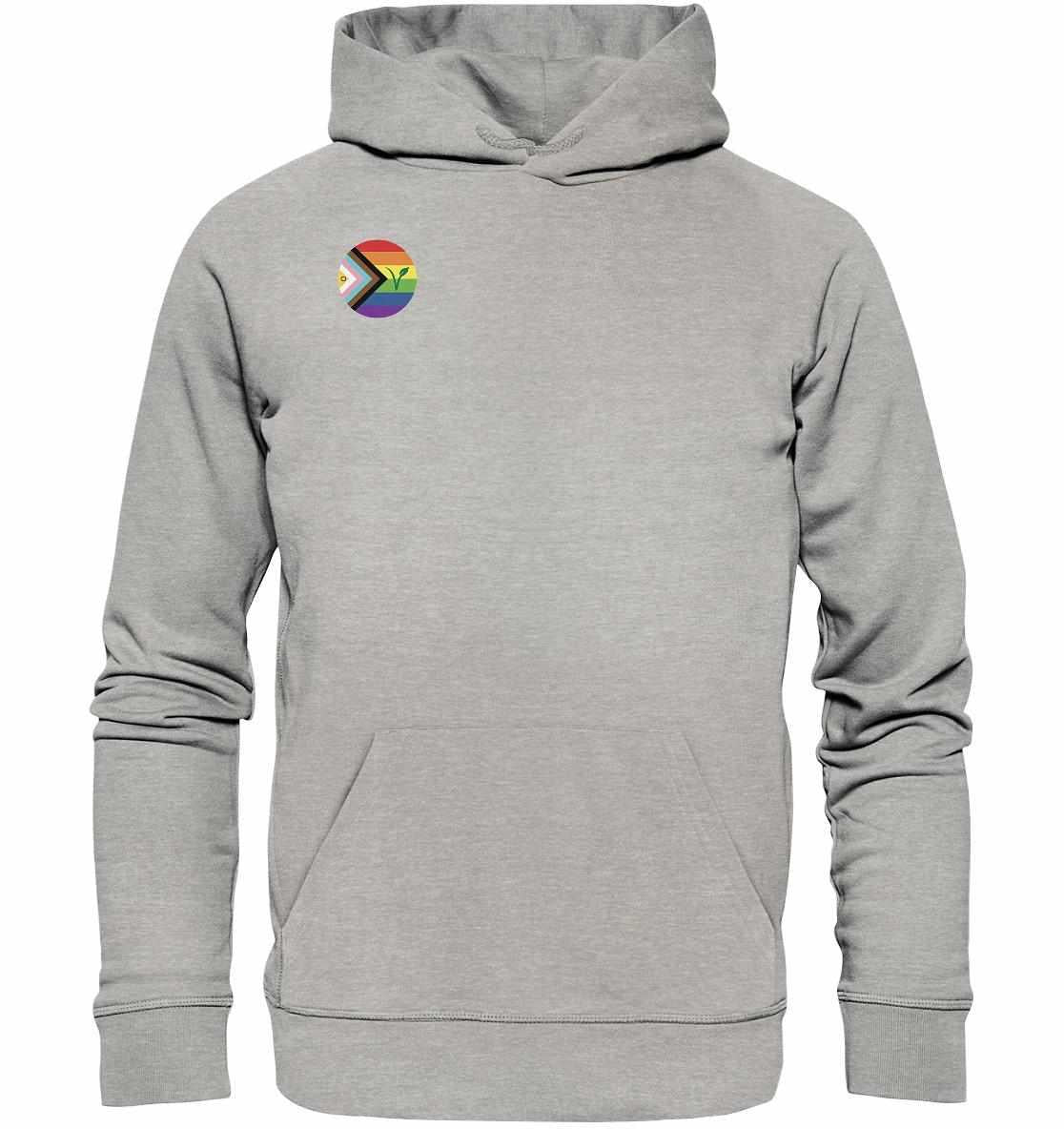 Vegan und Bio Hoodie: LGBTQIA+ VEGAN mit Regenbogen-Logo und grünem Blatt, gefertigt aus Bio-Baumwolle und recyceltem Polyester.