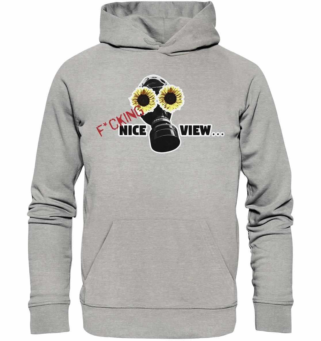 Vegan und Bio Hoodie: Sunflower Mask - F*cking nice view..., grauer Hoodie mit Gasmaske und Sonnenblumenmotiv, aus Bio-Baumwolle und recycelten Materialien, nachhaltiges Design.